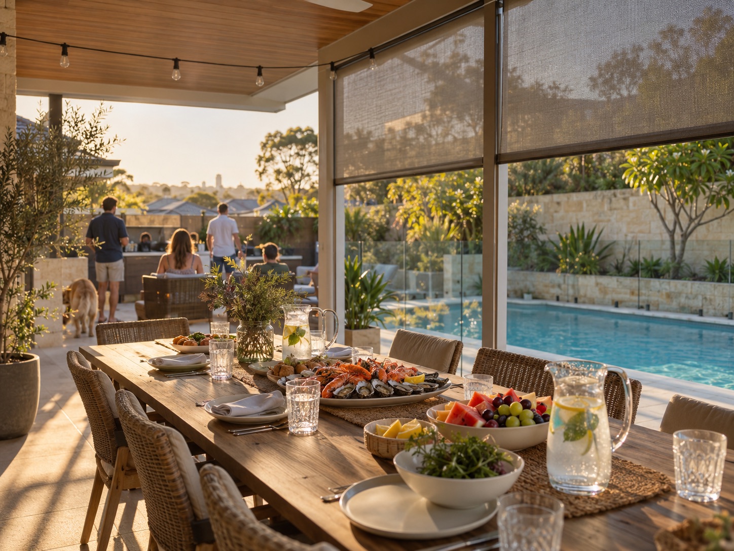 A shaded Perth alfresco on Christmas Eve, with a long timber table set with seafood, fruit and water jugs beside a swimming pool, and a few people in the background